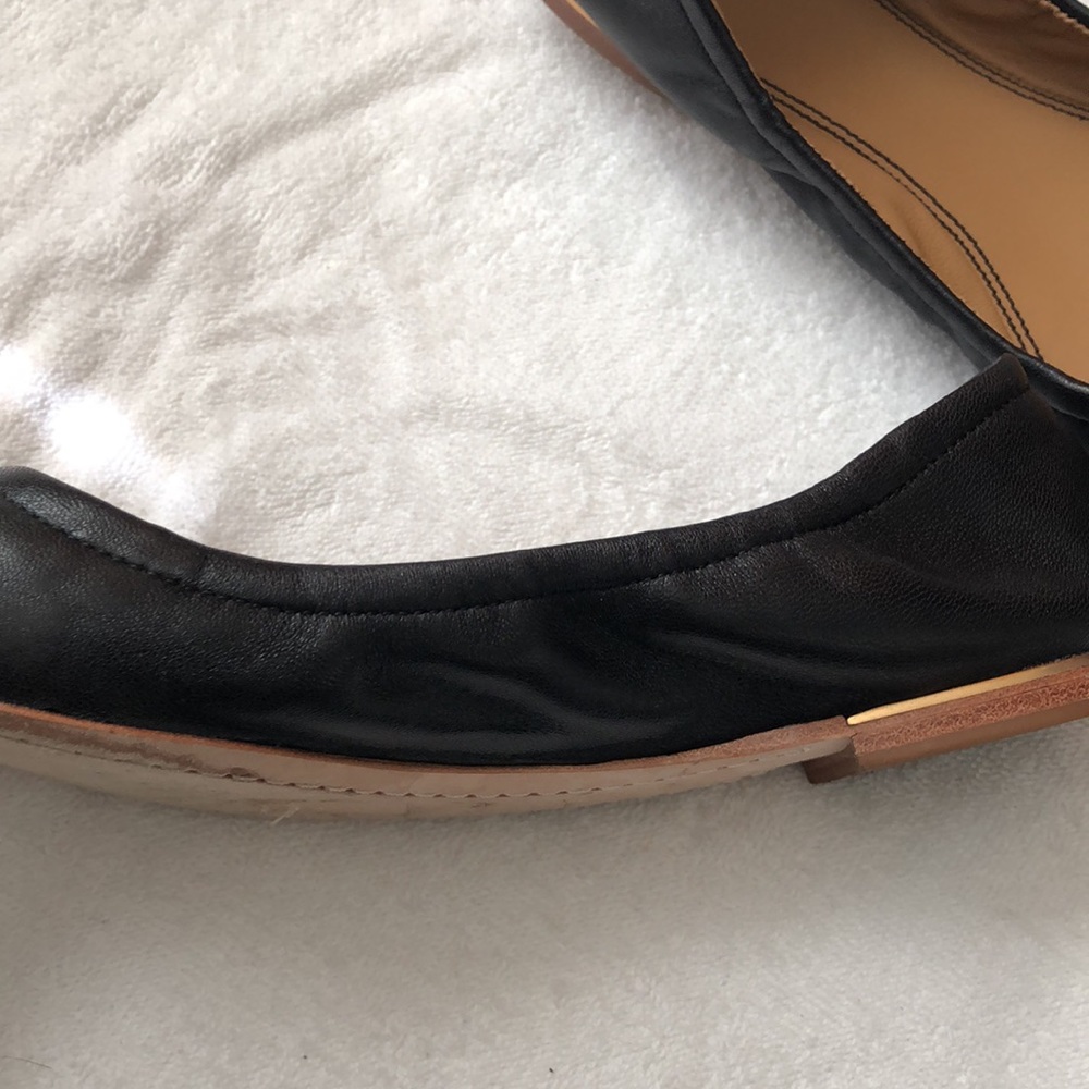 Tory Burch Black Leather Flats with Gold Logo Medallions - Picture 6 of 8